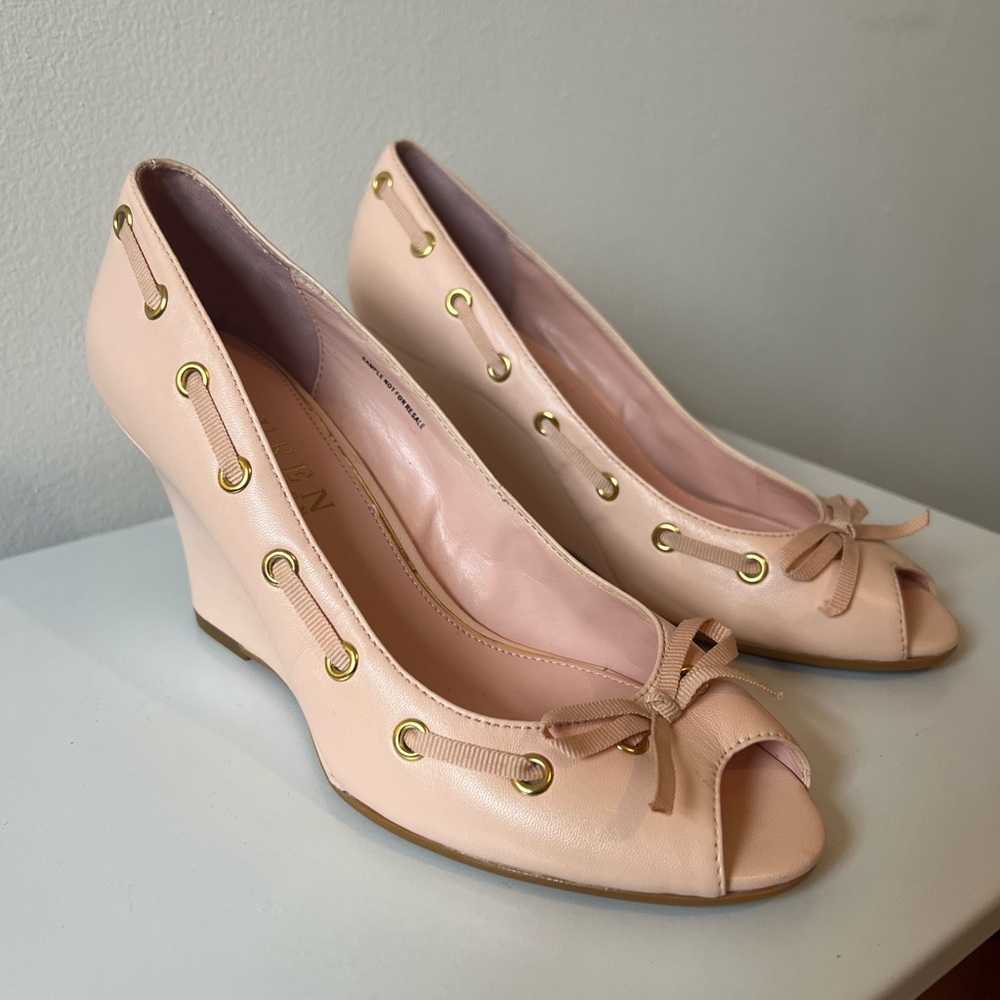 Ralph Lauren wedge heel sandal pink leather bows RARE Designer Sample NEW 6.5